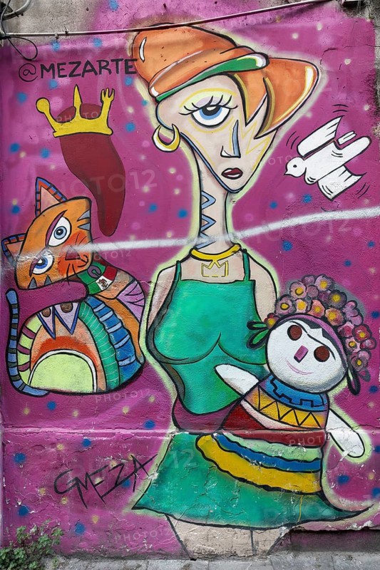 Woman with cat and doll, decorative mural advertising for a restaurant, by street artist Gerardo Meza, Rione Sanità, Naples, Campania region, Italy