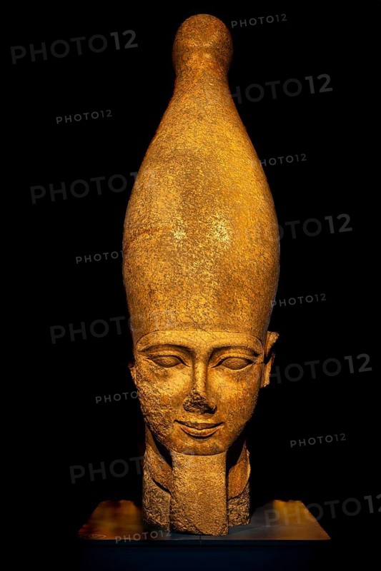 Head of a colossal statue of Ramses II, from the exhibition: Ramses the Great and the Gold of the Pharaohs, Cologne, North Rhine-Westphalia, Germany
