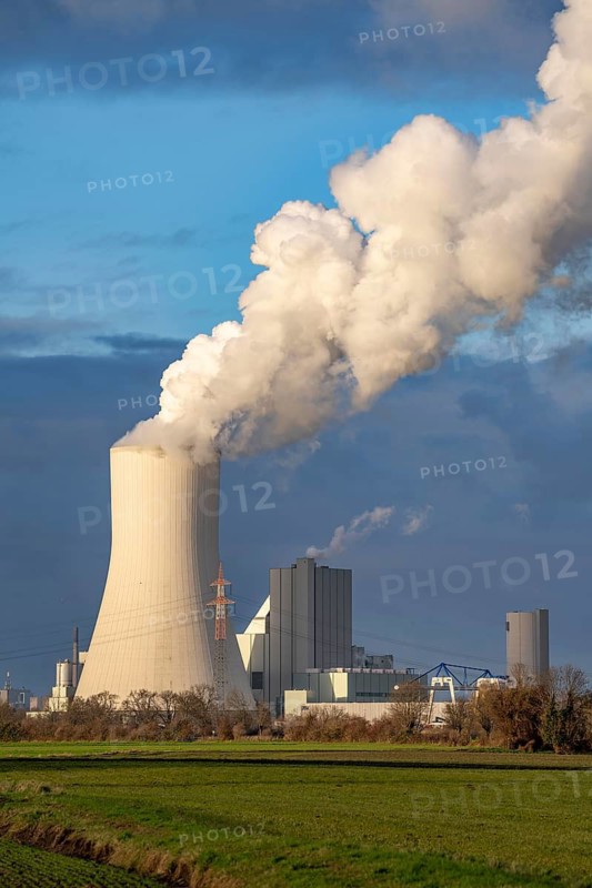 The STEAG coal-fired power plant Duisburg-Walsum, on the site of the former Walsum colliery, on the Rhine, unit 10 in operation, 181 metre high cooling tower, cloud of water vapour and exhaust gases, clean gas discharge, electricity and district heating production, Duisburg, North Rhine-Westphalia, Germany