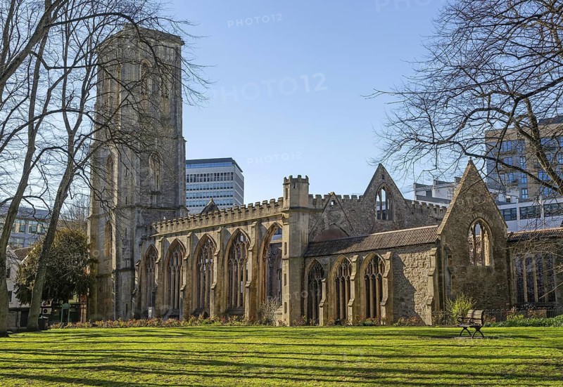 Ruins of Temple Church, Church of the Holy Cross, bombed in 1940, Redcliffe, Bristol, England, UK