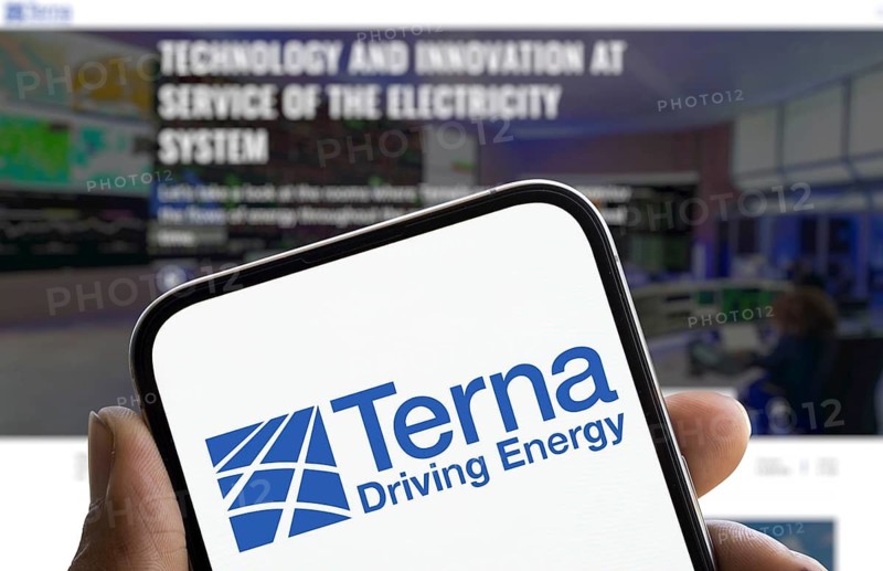 Terna driving energy logo is displayed on smartphone. Terna S.p.A. is a transmission system operator