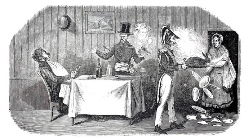Situation in which a man in upscale clothing is served by a waiter while a woman drops dishes in the background, roast rabbit, illustration, reproduction from a 19th-century model. Authentic, file restored for optimal use, exact date of submission unknown, historical