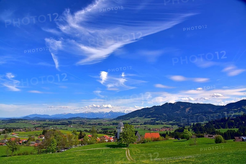 Panorama above the church of St. Michael from Mittelberg in Ostallgäu, Bavaria, Germany