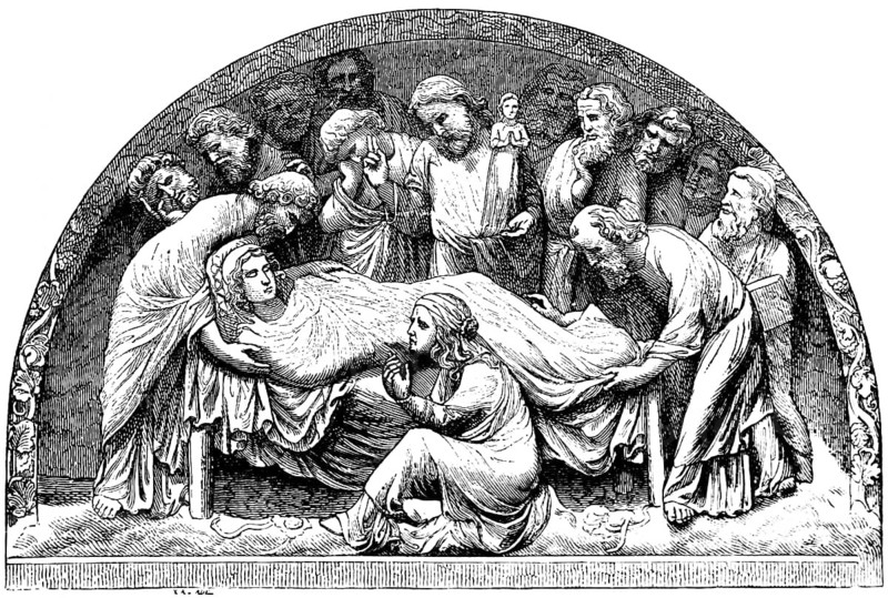 Death of Mary, sculpture in Strasbourg Cathedral, Cathédrale Notre-Dame de Strasbourg, Liebfrauenmünster, relief, mourners, deathbed, weeping, group, semicircular, France, historical illustration 1880