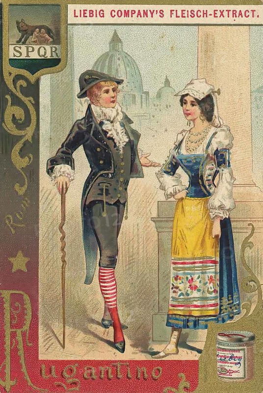 Series Figure in the Roman cultural landscape, Rugantino, Liebig picture, digitally restored reproduction of a collector's picture from around 1900, public domain, exact date unknown, two people in traditional costumes in front of a backdrop reminiscent of Rome