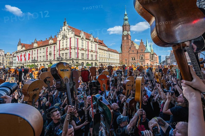WROCLAW, POLAND - MAY 1, 2025: World Guitar Record concert, 8122 participants played Jimi Hendrix's song Hey Joe on guitars in the Wroclaw market square