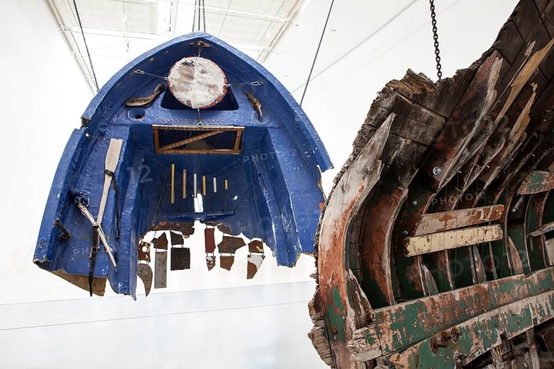 Remains of wooden boats from Lesbos Greece, sound instruments, the sound installation Fluchtzieleuropahavarieschallkörper by visual artist Guillermo Galindo, documenta hall, documenta 14 exhibition, 2017, Kassel, Germany