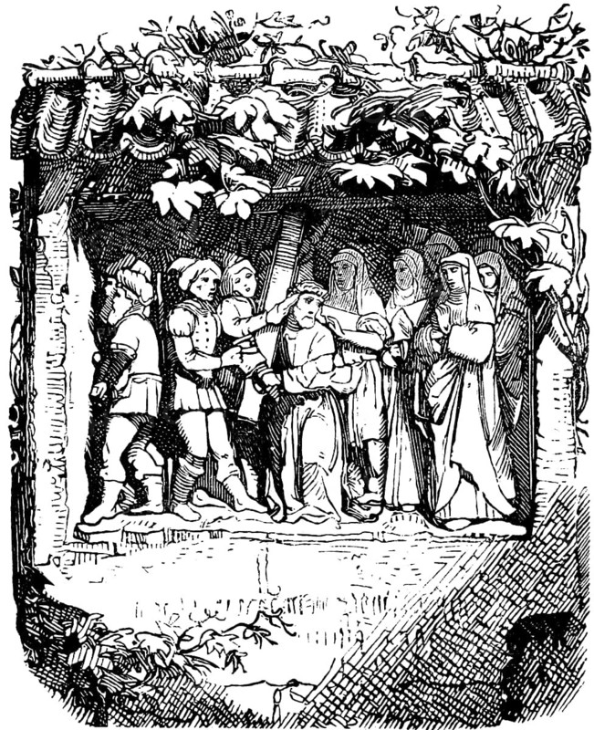 Station on the Passion of Jesus, Jesus carries the cross, frame, leaves, historical illustration 1880