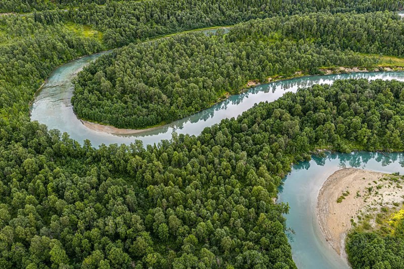 Meander of the Storelva River, east of Tromsø, aerial view, Norway