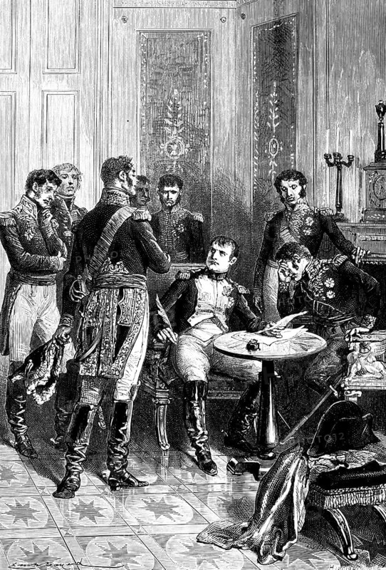 Emperor Napoleon Bonaparte's abdication in 1814, France, victory of the coalition Prussia Russia Austria, palace, room, table, end of the wars, signature, pen, inkwell, capitulation, treaty, banishment to Elba, generals, victor and vanquished, furniture, historical illustration 1882