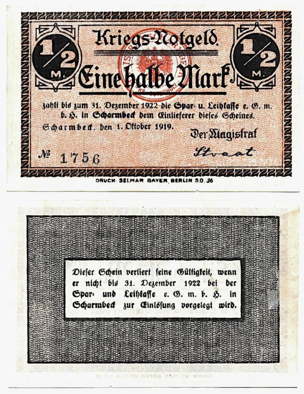 Banknote, emergency money, war emergency money, half mark, 50 Pfennig, Scharmbeck, 1921, Germany, reproduction of a historical banknote