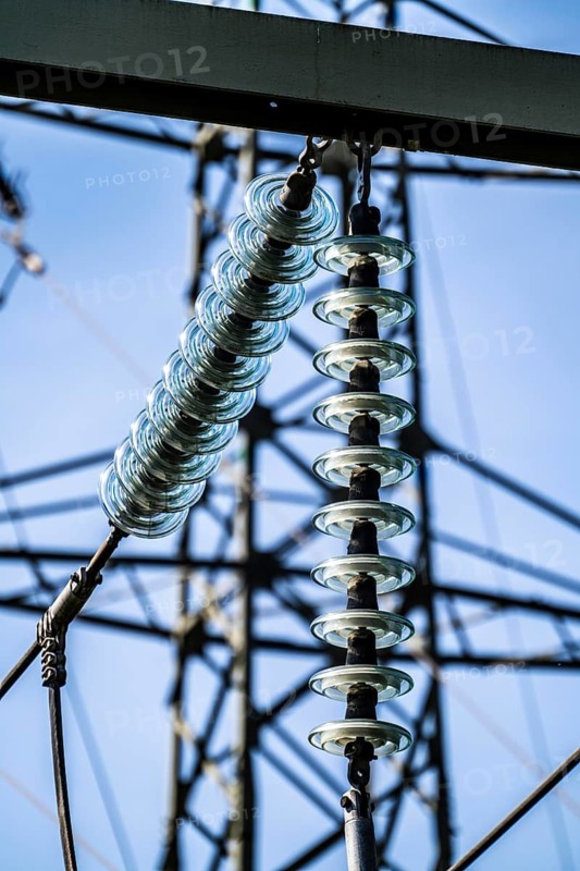 Transformer station, from Westnetz, here different voltage levels of electric current are connected, made usable for the consumer, glass insulators, electrical insulation and mechanical support for overhead lines, Essen, North Rhine-Westphalia, Germany