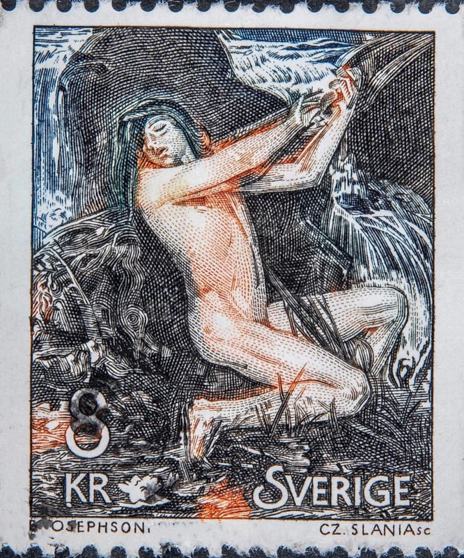 Näcken, the evil spirit of the water, is a supernatural water creature in Swedish folklore who lives in rivers, rapids and lakes. He is known for playing the violin naked to lure people into ruin by drowning. Image on Swedish stamp
