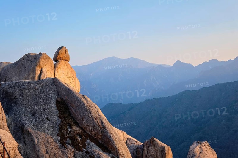 View of stones and rock formations from Ulsanbawi rock peak on sunset. Seoraksan National Park, South Corea