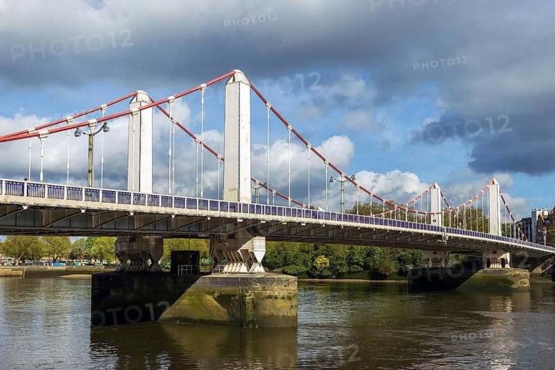 Chelsea Bridge, a 1937 self-anchored suspension bridge, spans the River Thames between Chelsea and Battersea, London, England, United Kingdom