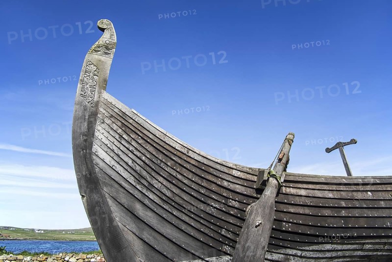 Steering oar at stern of Skidbladner, full size replica of the Gokstad ship at Brookpoint, Unst, Shetland Islands, Scotland, UK