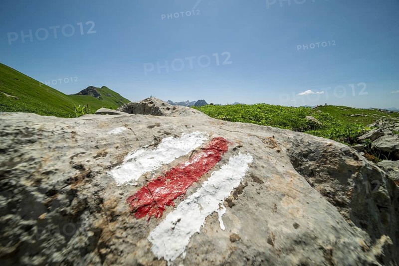 Trail marker on the Laufbacher-Eckweg, a demanding high-altitude hiking trail from Höfatsblick mountain station to Oytal, Allgäu Alps, Allgäu, Bavaria, Germany