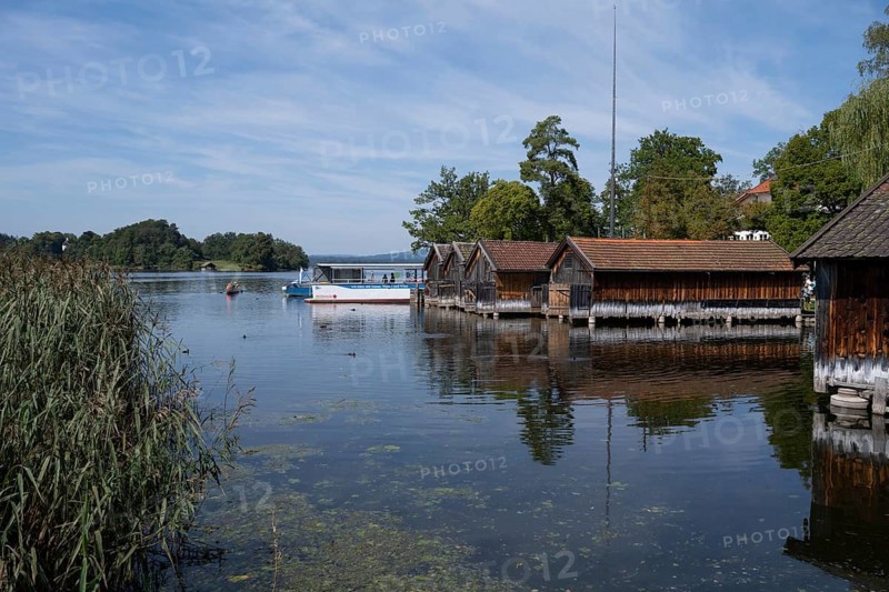 Boathouses on the Staffelsee, Seehausen, Upper Bavaria, Bavaria, Germany