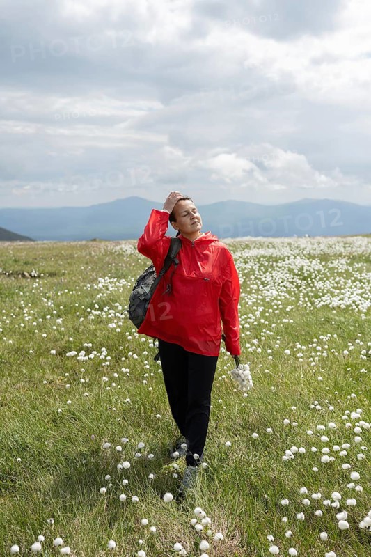 A hiker in a red jacket enjoys a serene walk through a field of white flowers in the mountains. The scene captures the essence of nature, travel, and tranquility