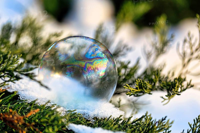 Freezing soap bubble in the snow, frost, rainbow colours, cold winter weather, winter sun, close-up, Höxter, Weserbergland, Germany