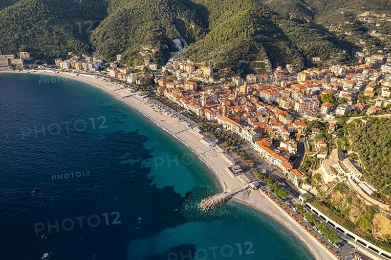 Noli and the coast seen from the air, Noli, Riviera di Ponente, Liguria, Italy