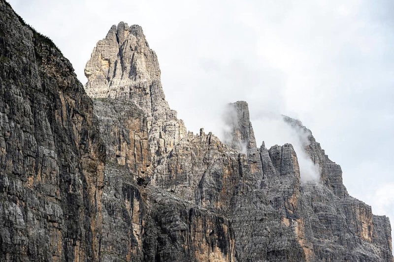 Cliffs and pinnacles in fog, Brenta Mountains, Brenta-Adamello Natural Park, Trentino, Italy