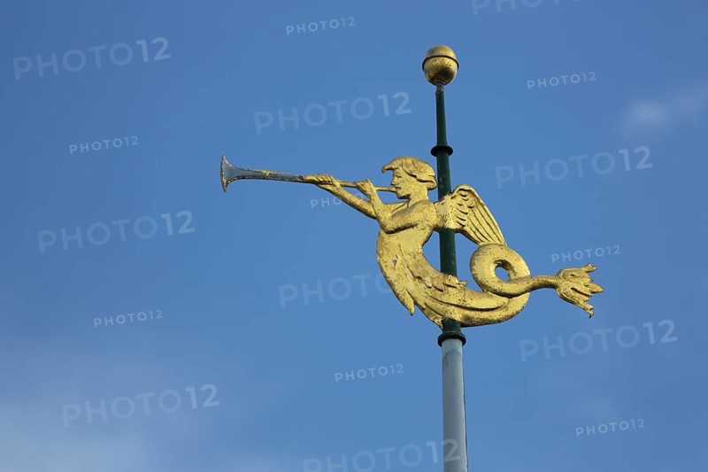 Golden weather vane, cutout, golden angel with trumpet, detail, Engel Apotheke, Bad Homburg, Hesse, Germany