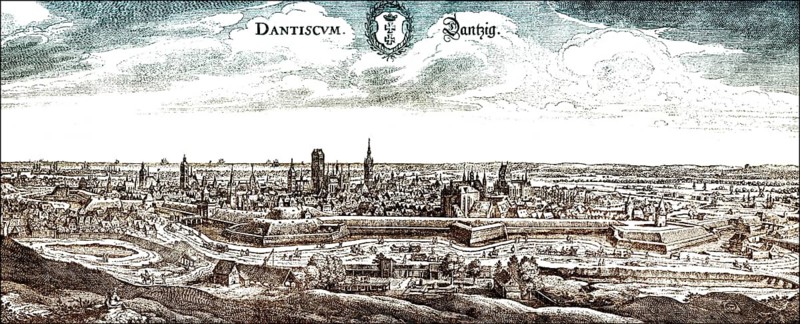 Panoramic view of Danzig or Gdansk, 17th century, Poland, Europe, Historische Zeichnung, Stadtansicht von Danzig oder Gdansk, Polen, im 17. Jahrhundert
