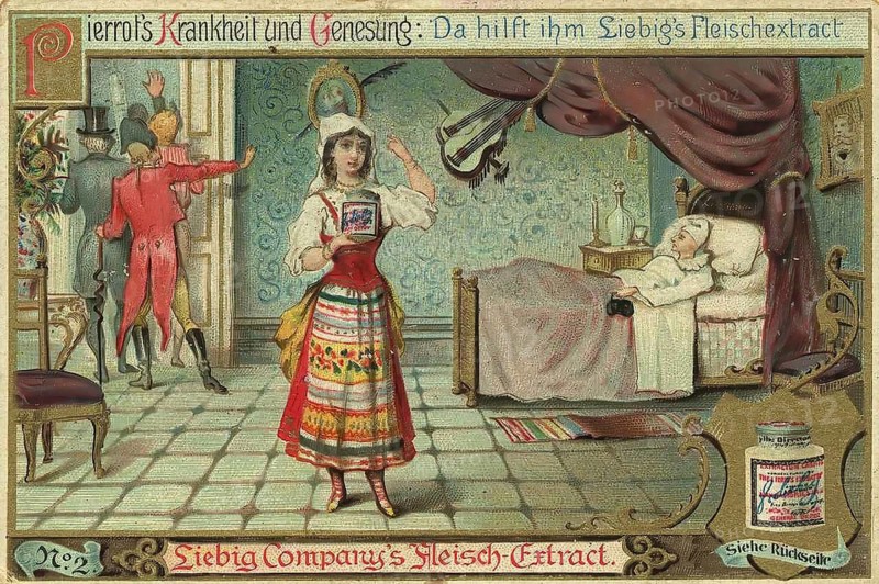 Series Cure of Pierrot by Liebig's meat extract, Pierrot's illness and recovery, Liebig's meat extract helps him, Liebig picture, digitally restored reproduction of a collector's picture from ca 1900, public domain, exact date unknownPierrot's illness and recovery, the illness has taken hold of him, exact date unknown, A woman in traditional costume shows Liebig's extract, a sick man in bed