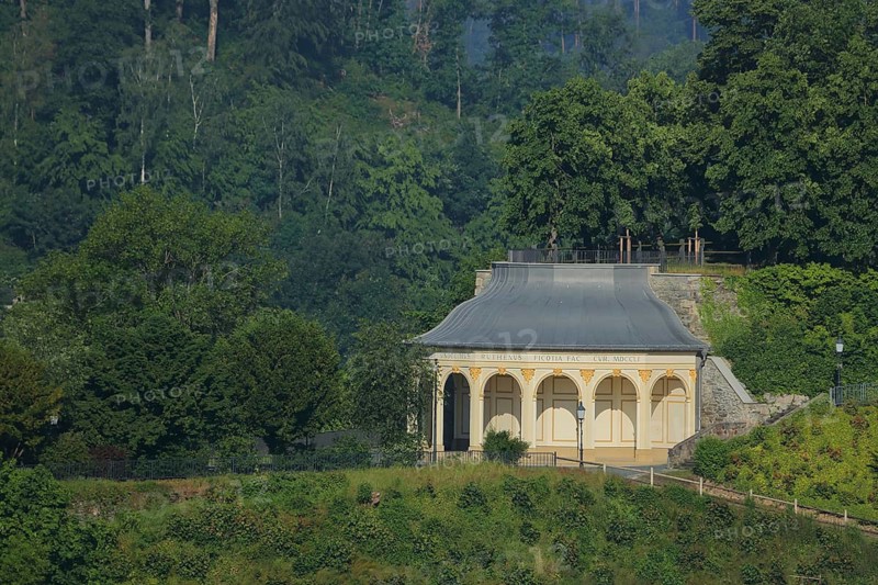 Rococo Schanzengarten, house with arcade and columns, Upper Castle, Greiz, Vogtland, Thuringia, Germany