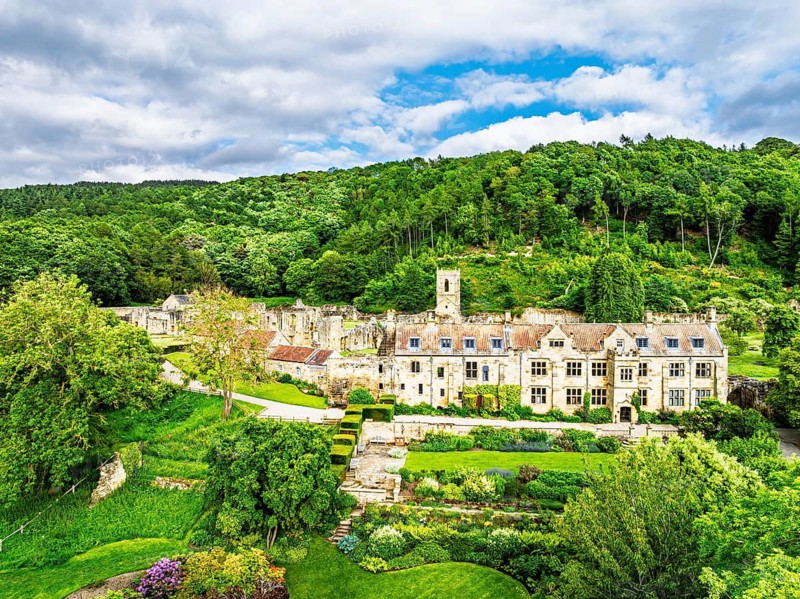 Mount Grace Priory, House and Gardens from a drone, East Harlsey, North Yorkshire, England, United Kingdom