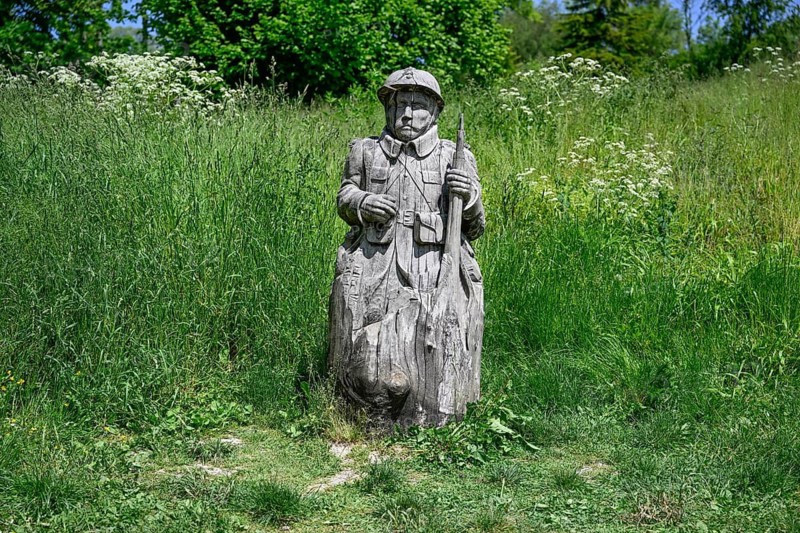 Wooden soldier on the site of the destroyed village of Fleury-devant-Douaumont, Verdun battlefield, First World War, Verdun, Grand Est region, France