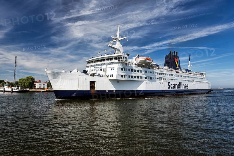 Ferry Prins Joachim enters port, Scandlines shipping company, Warnemünde, Rostock, Mecklenburg-Western Pomerania, Germany