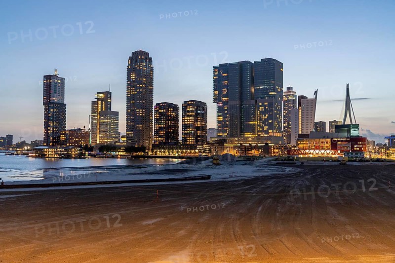 The Rijnhaven, a 28-hectare harbour basin, has now been filled in by almost a third to create space for up to 3, 000 homes, there will be an artificial beach, a floating park connected by jetties, restaurants and shops, cultural facilities, a major urban development project in the old harbour, the Rijnhaven borders on the popular districts of Kop van Zuid, photo, and Katendrecht, Rotterdam, Netherlands
