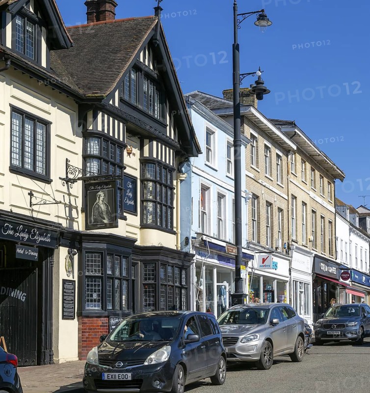 Historic buildings including The Lady Elizabeth pub in Market Hill, town centre of Sudbury, Suffolk, England, UK