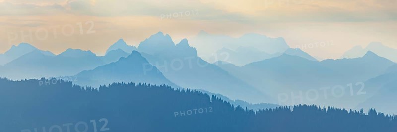 Mountain panorama from Grünten, 1783m, to the Tannheim mountains, Allgäu Alps, Tyrol, Austria