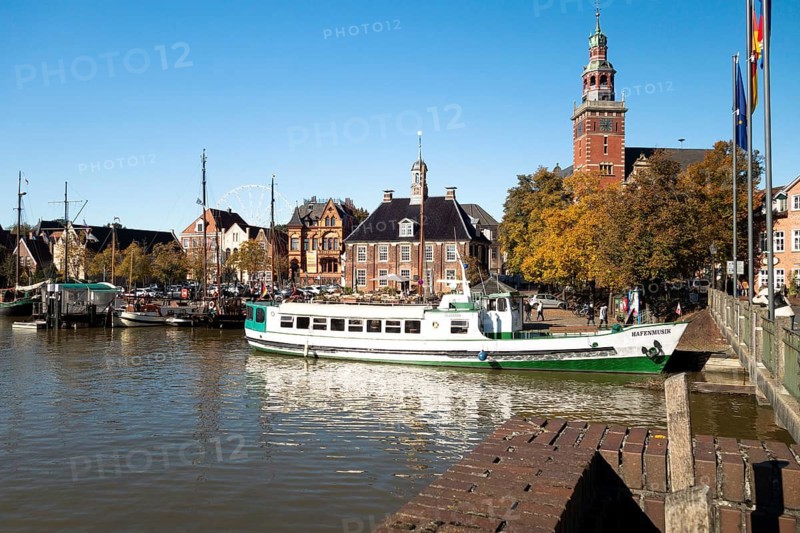 Museum harbour, town hall, Leer, East Frisia, Lower Saxony, Germany