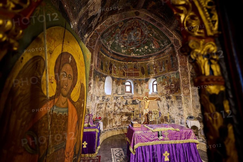 Magnificent murals in a church depicting religious scenes in vivid colours, Thari Monastery, Moni Thari, near Gadouras Reservoir, lonely mountain region, Rhodes, Dodecanese, Greek Islands, Greece