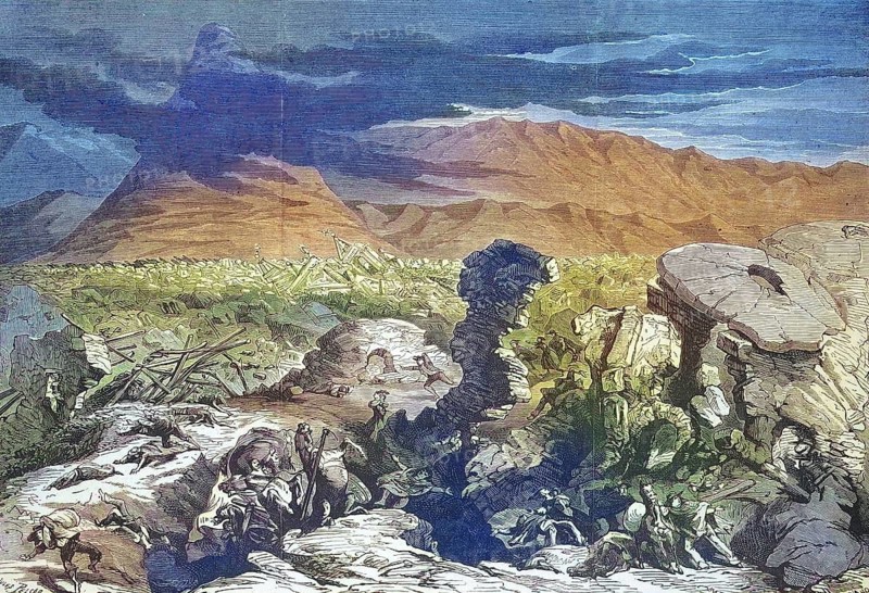 Earthquake in Peru, Destruction of the city of Arequipa in 1868, Earthquake in Peru, Historical, digitally restored reproduction of an original 19th century painting, exact original date not known