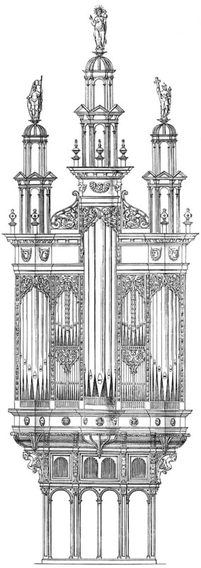 Historical architectural illustration from the 19th Century, 1881, German Renaissance style, 16th century, the old organ of St. Gereon church, Cologne, Germany, Europe, Deutsche Renaissance, Architektur-Zeichnung von 1881, die alte Orgel in der Kirche St. Gereon, Köln, Nordrhein-Westfalen, Deutschland, Europa