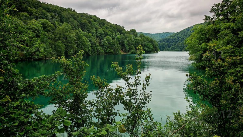 A wide, quiet lake surrounded by green forest, with a relaxed atmosphere, Plitvice Lakes National Park, Croatia