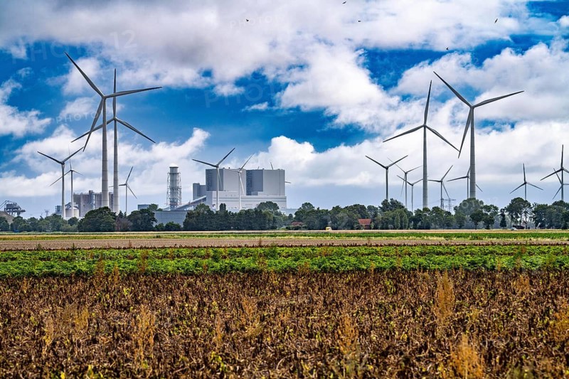 RWE coal-fired power plant Eemshavencentrale, in the seaport of Eemshaven, operator RWE Power, wind farm, Netherlands