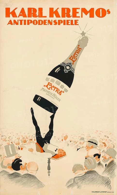 Advertising poster, beverage advertisement, advertising poster by Franz Christophe from 1905 promotes Matheus Müller Eltville sparkling wine. The graphic shows an acrobatic scene with a large champagne bottle and an artist, matching the title Antipode Games, authentic reproduction of a historical advertising poster, advertising sign, in high resolution