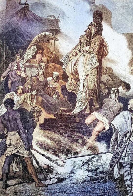 Croesus on the pyre, coloured wood engraving, reproduction from a model from ca 1888, historical, crowd worships large statue under tent, antique clothing and atmosphere