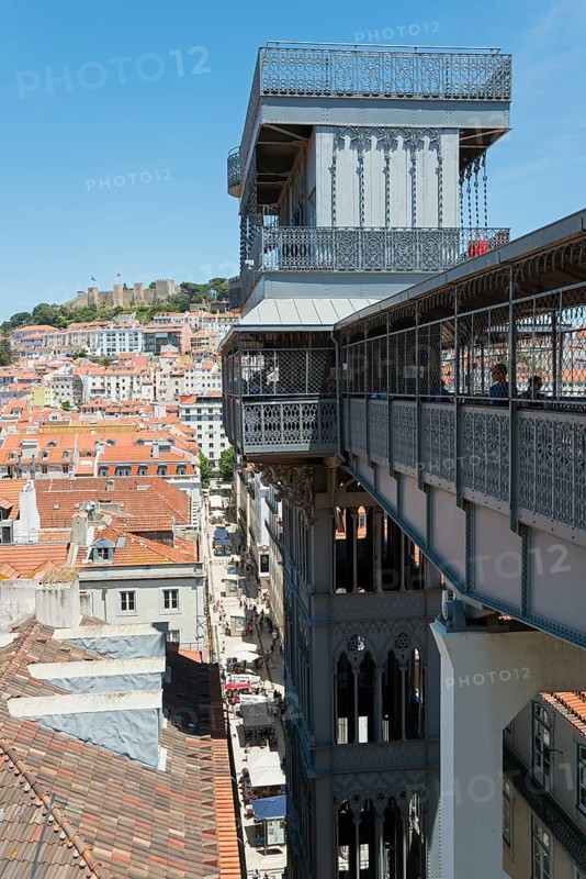 Elevador de Santa Justa in the city centre of Lisbon, framed by the blue sky, passenger lift, Elevador de Santa Justa, Elevador do Carmo, connects Baixa district with Chiado district, Lisbon, Lisboa, Portugal