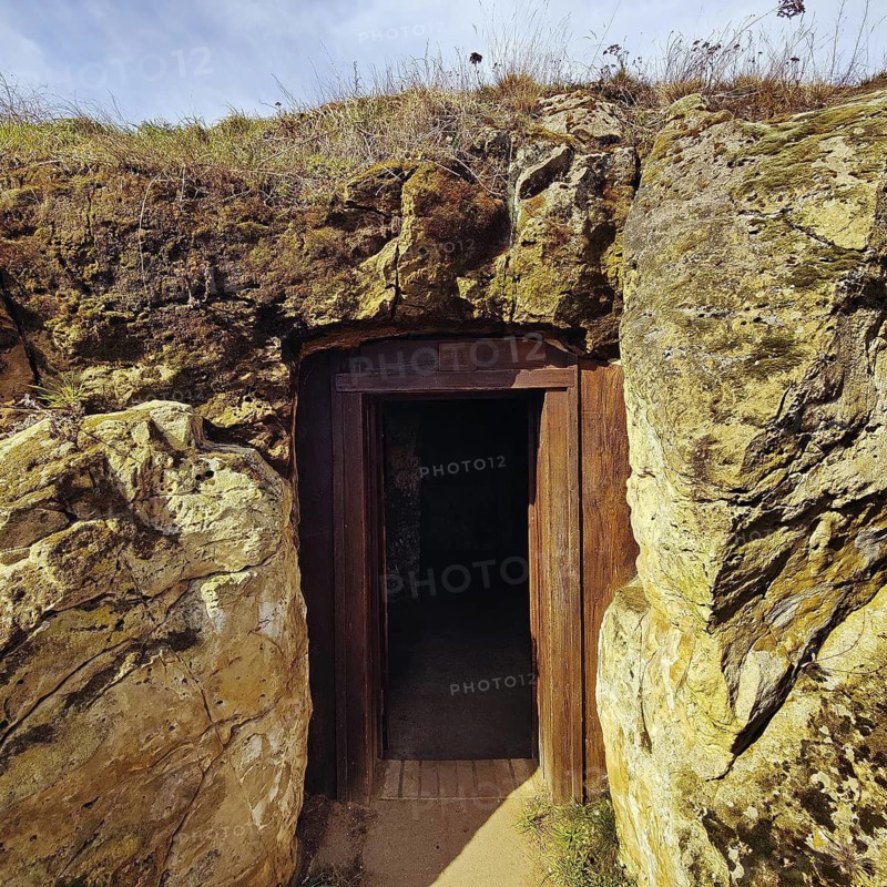 Entrance to the cave dwelling in the Höhlenstrasse am Schäferberg, Langenstein cave dwellings, Halberstadt, Harz district, Saxony-Anhalt, Germany