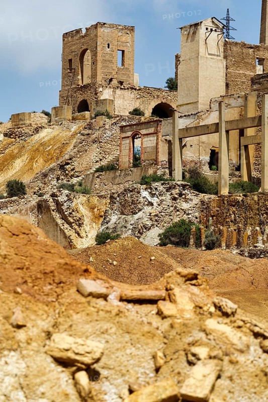 Mazarron mines, former mining, abandoned industrial ruins, colorful landscape, oxidation of minerals, tailings, Mazarrón, Murcia, Spain