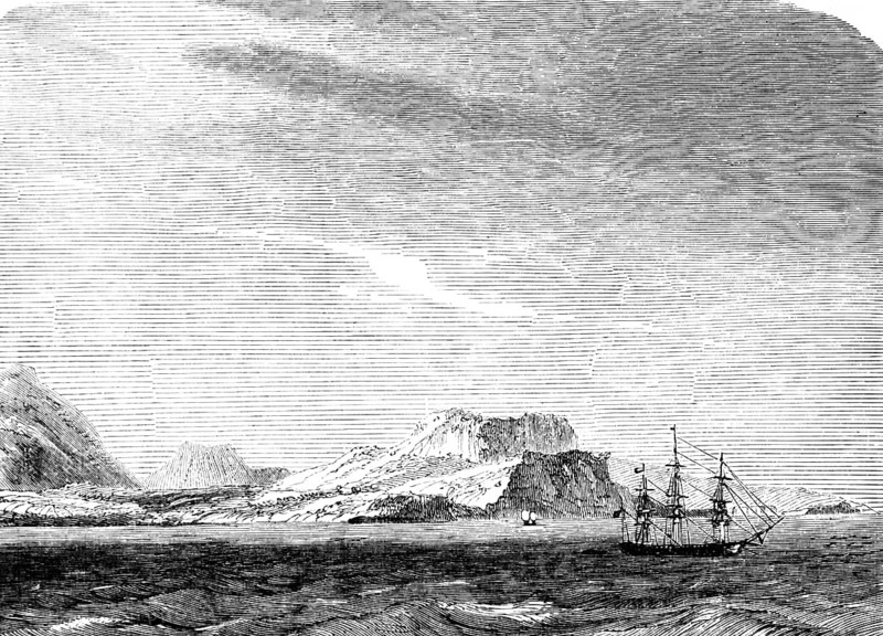 Three-master in front of the peaks of the Galapagos Archipelago, landscape, Pacific, travelling, Ecuador, historical illustration 18888