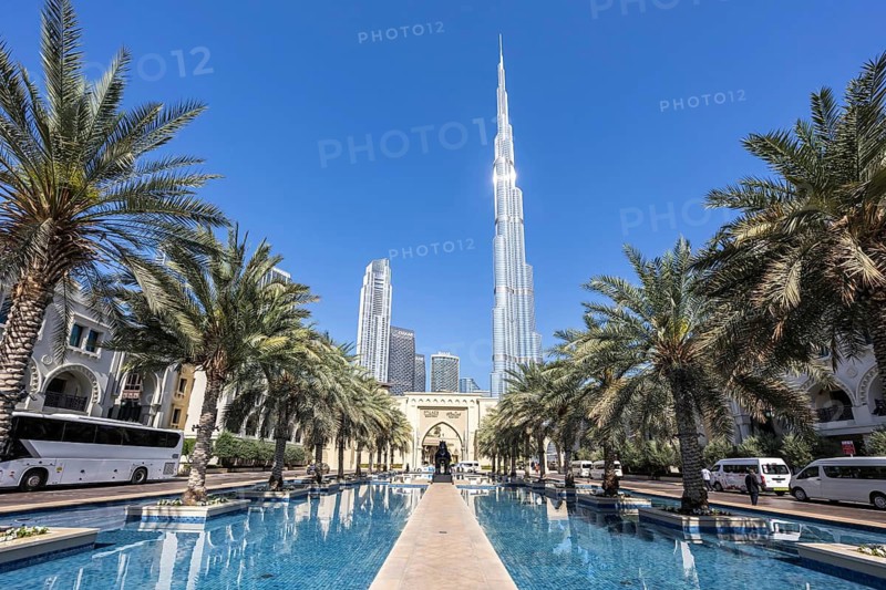 Dubai Burj Khalifa Skyline tallest building in the world with Palace Hotel in Downtown Dubai, United Arab Emirates