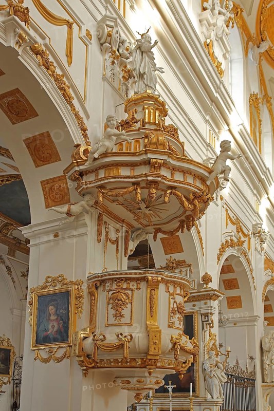 Magnificent pulpit with pulpit bonnet built in 1785 by the master builder Johann Michael fisherman, interior, rococo, pulpit cover, sounding board, pulpit canopy, craftsmanship, decorations, magnificent, gilded, monastery church, St. Peter and Paul, Oberelchingen, Elchingen, Upper Swabia, Swabia, Bavaria, Germany